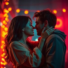 Young couple in love enjoying intimate moment in colorful lights at night