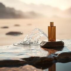 Elegantly designed perfume bottle splashing water on a stone at sunset