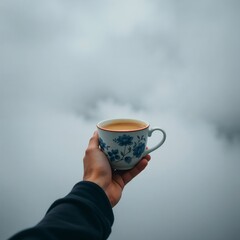 Person holding a beautiful floral cup of coffee against a cloudy sky background