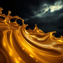 Dynamic golden liquid waves under a dramatic dark cloudy sky