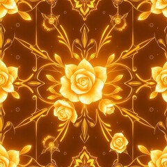 Intricate golden rose pattern on a rich brown background