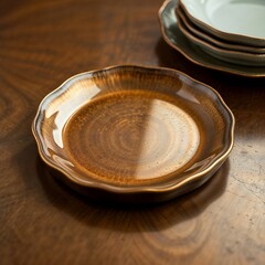 Beautiful rustic ceramic plate with a unique glaze on a wooden table
