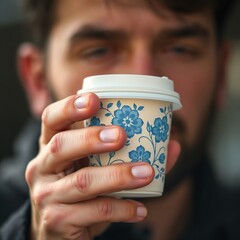Close-up of a man holding a floral coffee cup in focus with blurred background