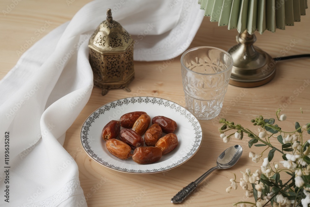 Poster dates on a plate with table setting and flowers