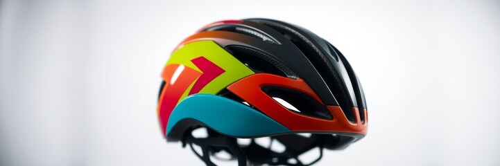Fototapeta premium Colorful cycling helmet showcasing modern design and sleek aesthetics on a display stand