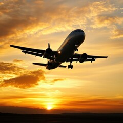 Airplane silhouetted against a vibrant sunset during landing approach.