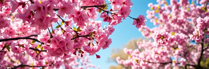 Vibrant pink cherry blossoms in full bloom radiating joy under a clear blue sky