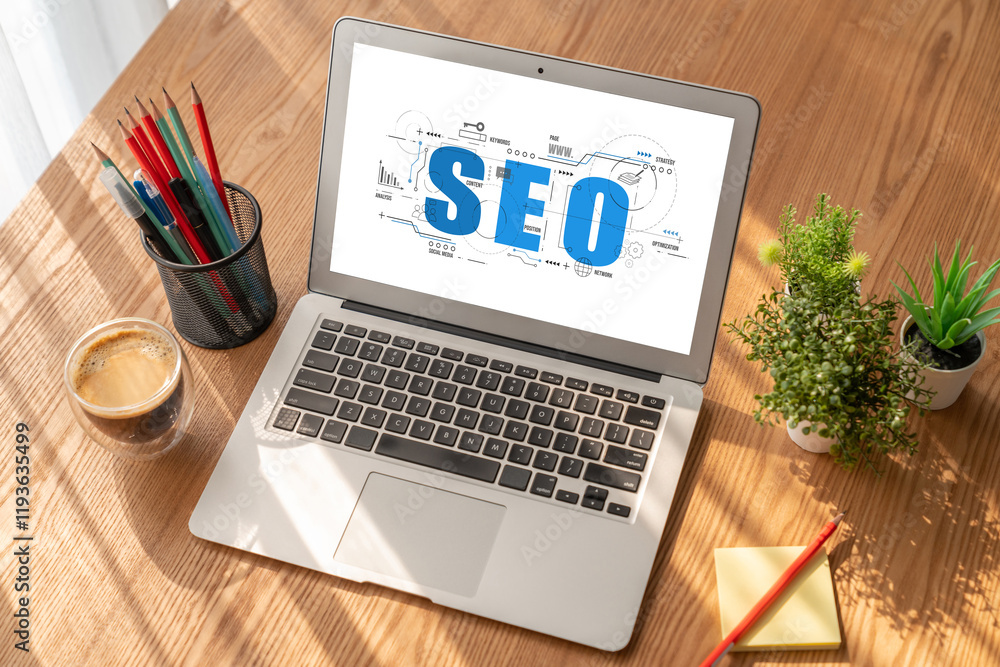 Aufkleber seo search engine optimization for modish e-commerce and online retail business showing on computer 