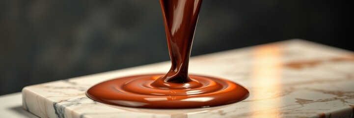 Rich, glossy chocolate cascading onto a marble surface, exuding indulgence and luxury, creating a tempting visual delight