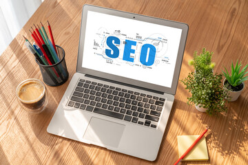 SEO search engine optimization for modish e-commerce and online retail business showing on computer...