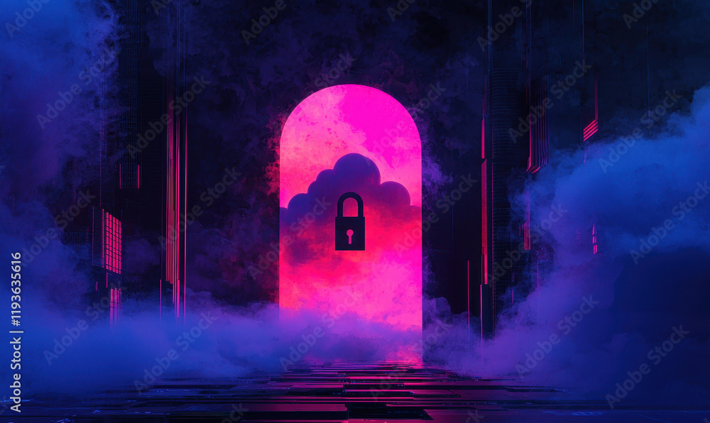 Poster surreal cybersecurity gateway: illuminated lock symbolizing the future of cloud data protection and 