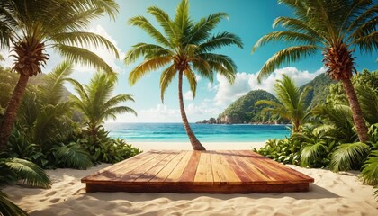 Fototapeta premium 3D Tropical product placement podium stage with summer beach palm tree