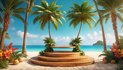 Fototapeta premium 3D Tropical product placement podium stage with summer beach palm tree