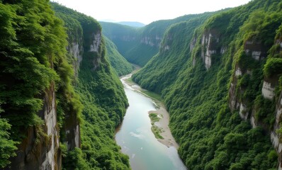 Lush green valley with winding river