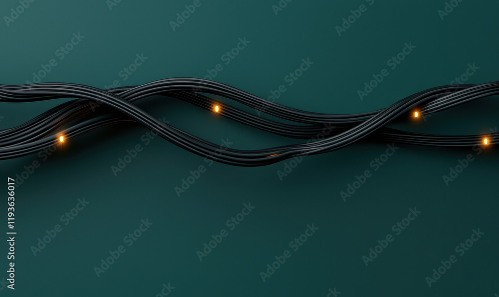 Poster intricate braided cables illuminated against dark background symbolizing complex network connectivit