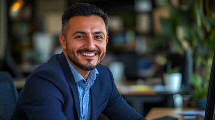 Fototapeta premium Middle-aged man with dark hair and beard, smiling confidently in a blue blazer, dressed in professional attire, posing in a business setting with a positive expression