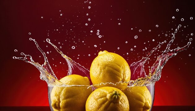 A dynamic explosion of lemons splashing against the background of an all-red gradient red backgorud