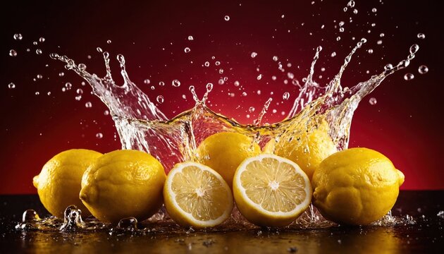 A dynamic explosion of lemons splashing against the background of an all-red gradient red backgorud