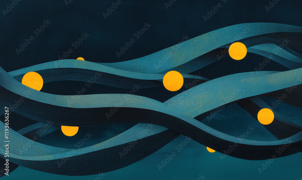 Aufkleber abstract geometric art with dynamic curved lines and vibrant spheres in a modern minimalist design