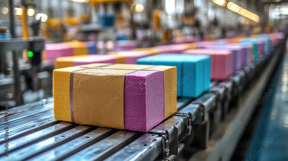 Aufkleber colorful packages on a modern production line in a factory, showcasing efficient sorting and packagi