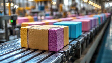 Colorful Packages on a Modern Production Line in a Factory, Showcasing Efficient Sorting and Packaging Processes with Unique Foam Colors for Shipping Products