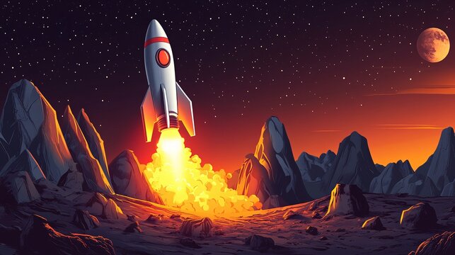 Rocket launches into space from a rocky landscape under a starry sky