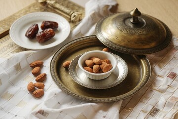 Almonds Dates and Ornate Metal Trays on Fabric