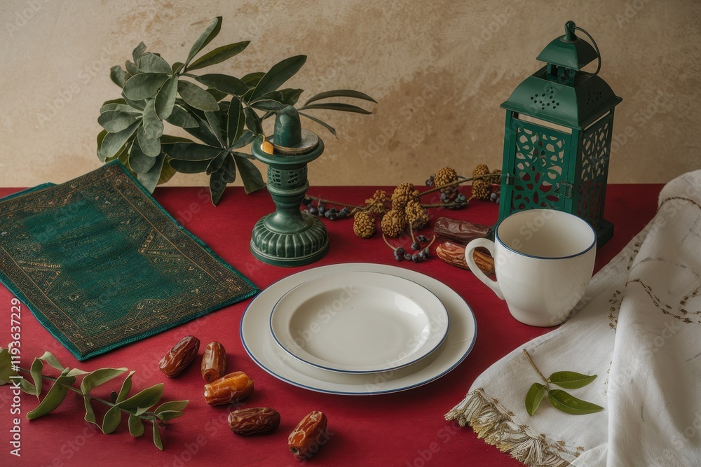 Poster ramadan table setting with dates and quran