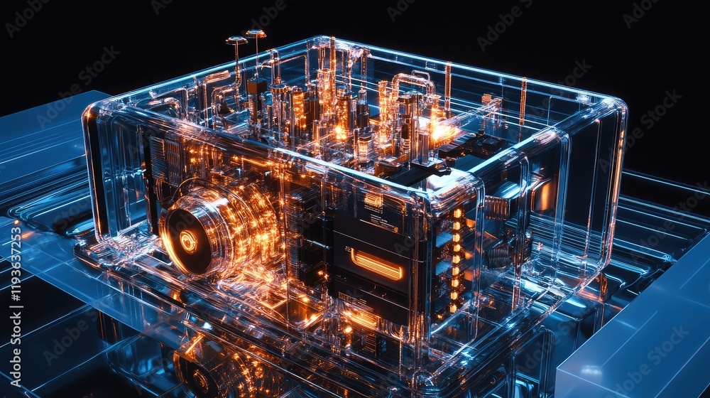 Poster quantum computer encased in transparent glass, with intricate glowing circuits and futuristic design