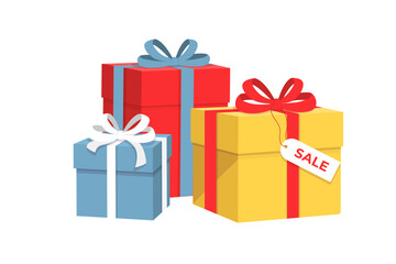 Gift boxes. A colorful vector illustration of three gift boxes with bows and a sale tag on white background. The festive design in yellow, red, and blue colors makes it ideal for holiday, shopping