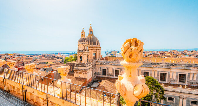 View fom Chiesa della Badia di Sant'Agata on Cathedral Sant Agata on Piazza del Duomo with Elephant Fountain.  in Catania, Sicily, Italy.