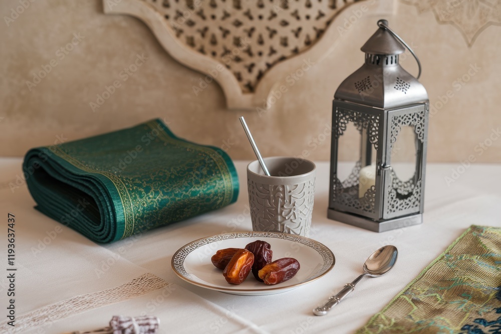 Poster ramadan table setting with dates and lantern