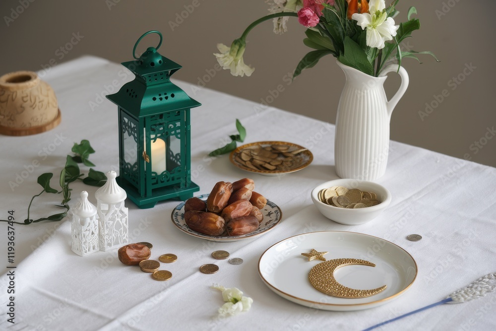 Poster festive ramadan table setting with dates and lantern