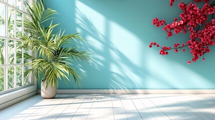 Bright indoor space with green plant and blooming branches against blue wall