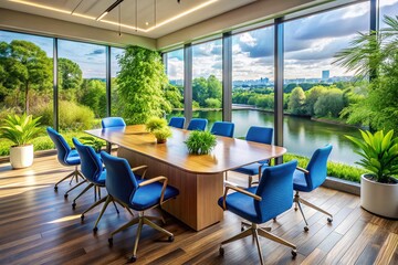 Fototapeta premium Modern Meeting Room River View, Blue Chairs, Wooden Table, Plants - Stock Photo