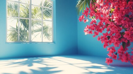 Beautiful indoor setting with vibrant flowers and tropical sunlight streaming in