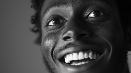 A close-up portrait of a smiling black man with expressive eyes, showcasing a range of emotions