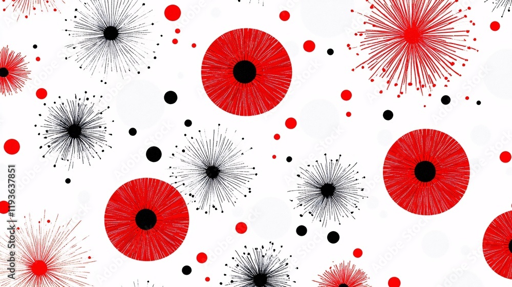 Poster abstract design featuring red and black circular elements on a white background