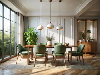 Fototapeta premium Modern Minimalist Dining Room Design: Elegant Space with Natural Light & Stylish Furniture