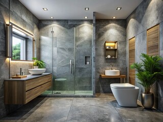 Modern Minimalist Grey Stone Bathroom Shower Toilet 3D Render - Luxury Interior Design