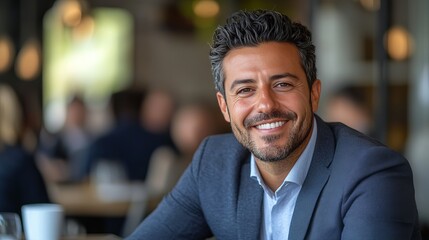 Fototapeta premium Portrait of a Smiling Businessman with Dark Hair and Stubble, Wearing Blue Suit Jacket and White Shirt in Modern Office Setting with Blurred Background