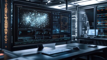 Quantum computer visualization, showing complex quantum circuits, entangled qubits, and dynamic data flows in a sleek digital workspace