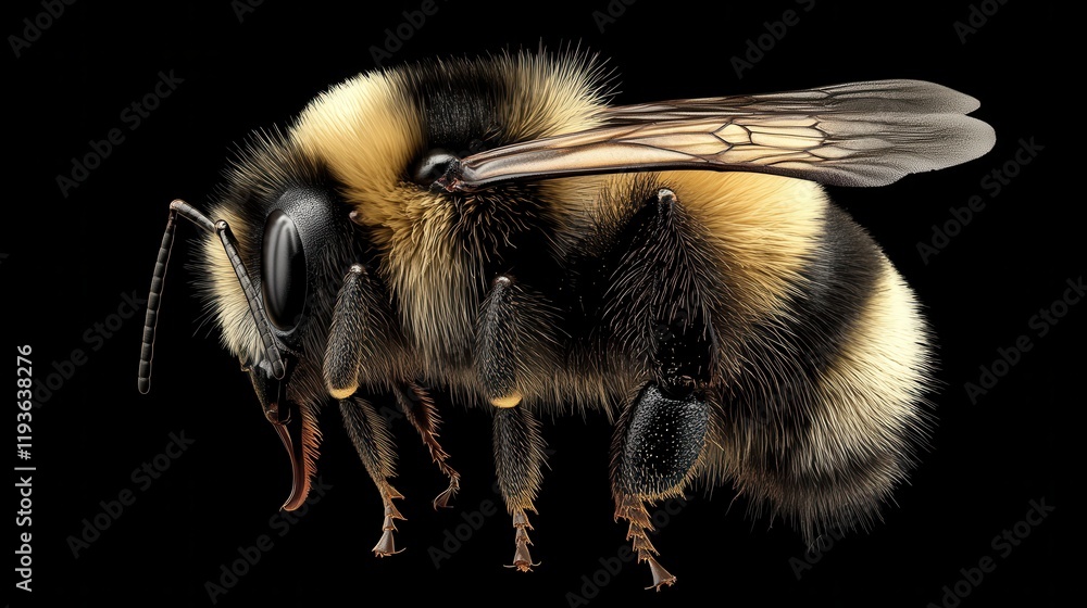 Poster macro view of a detailed bumblebee displaying stunning black and yellow stripes with intricate featu