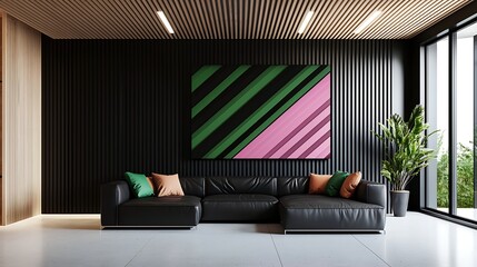 Modern living room featuring a sleek black sofa, colorful artwork, and large windows with greenery