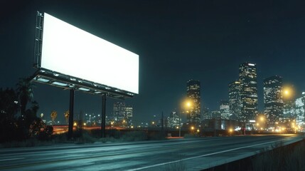 Empty billboard against city skyline at night