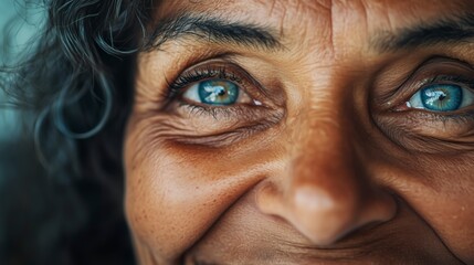A close-up portrait of a smiling old woman with expressive eyes, showcasing a range of emotions