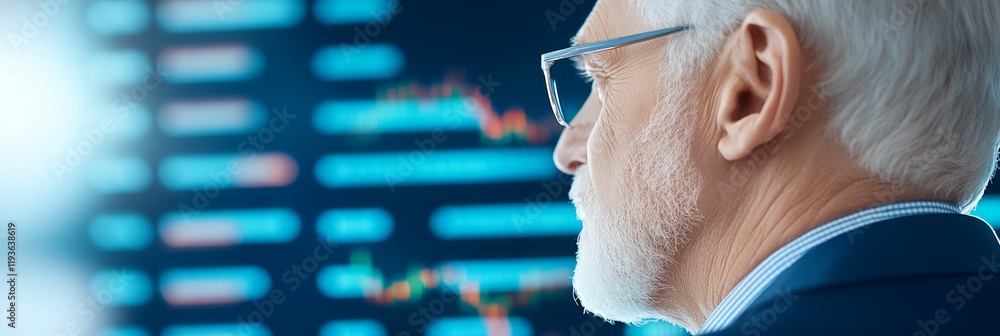 Poster man in a suit is looking at a computer screen with a lot of numbers on it