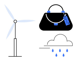Wind turbine generating energy, handbag with tag, and rain cloud with droplets. Ideal for environmental sustainability, renewable energy, commerce, fashion, shopping weather and duality. Abstract