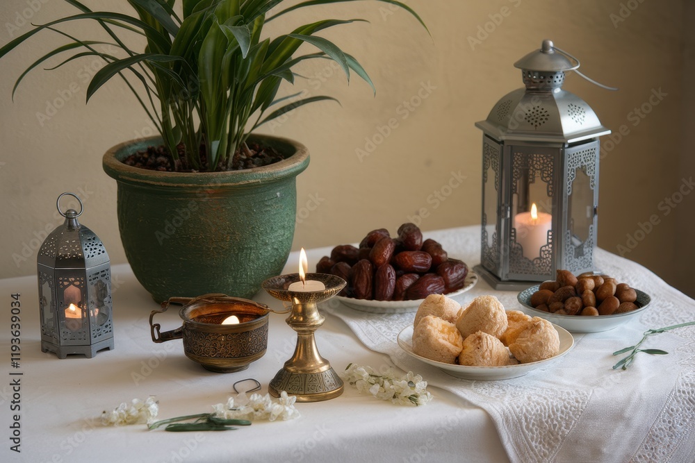 Poster ramadan table setting with dates and sweets