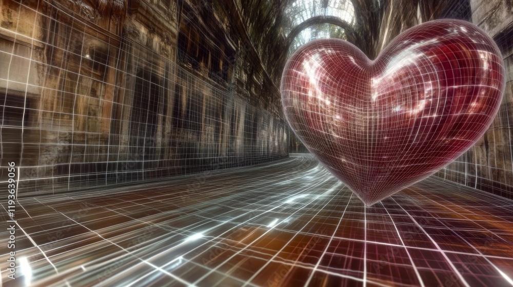 Poster futuristic space-time grid warping into heart shapes in a surreal environment showcasing fluidity an